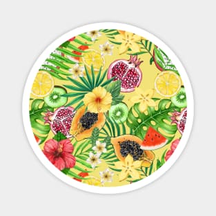 Tropical mix-fruit, flowers and leaves on yellow Magnet